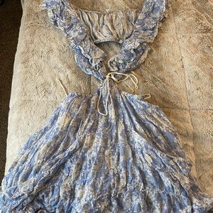 Olivaceous Cut-Out Linen Dress in Blue Floral